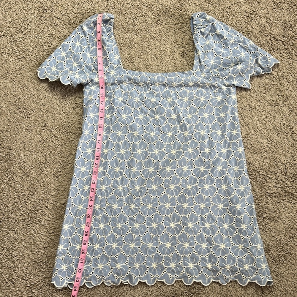 ZARA LIGHT BLUE FLORAL CUTWORK EMBROIDERY PRINT COTTON MINI DRESS - Picture 6 of 11